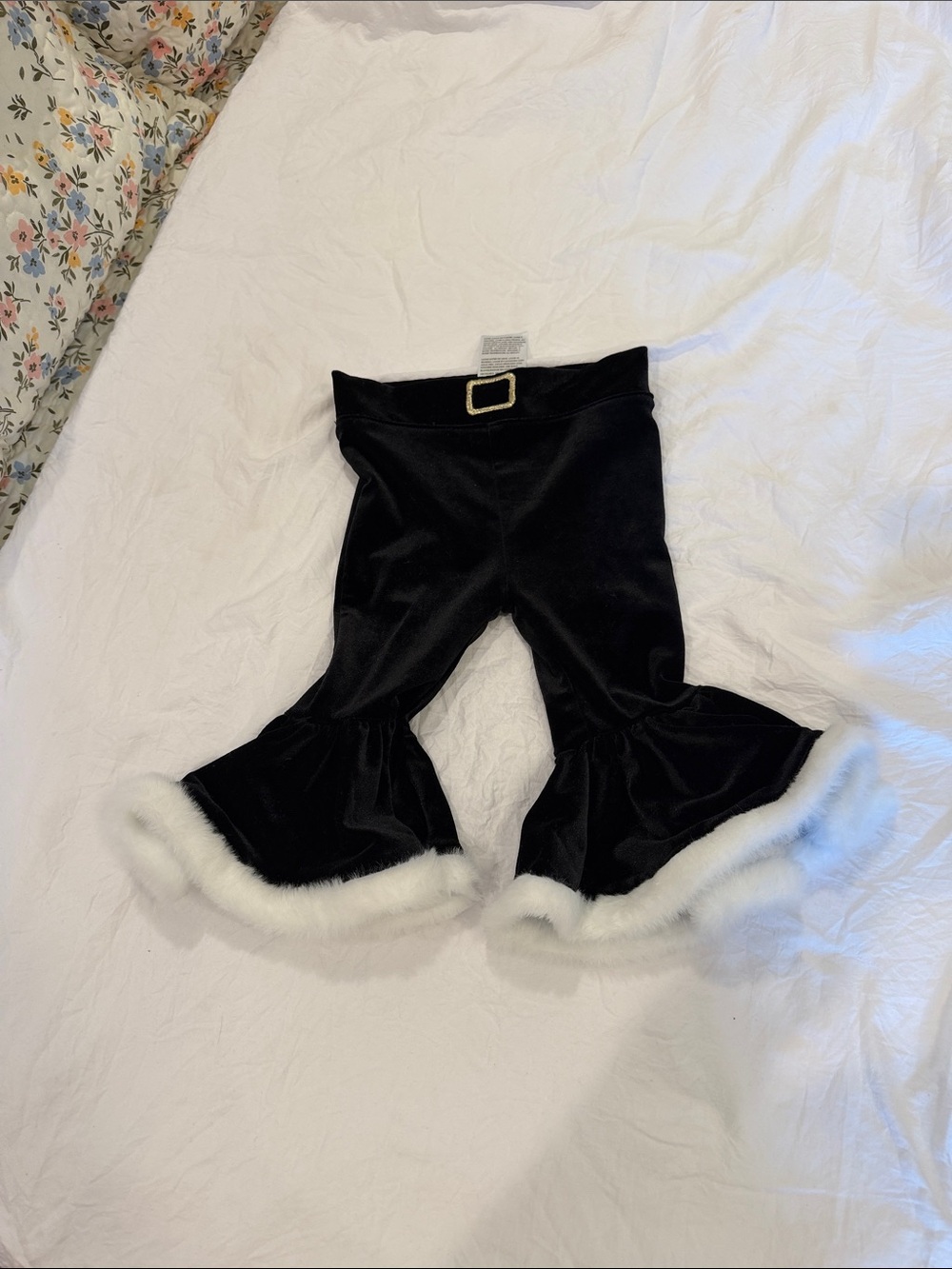 Baby Essentials Black Velvet Ruffle Pants with White Faux Fur Trim